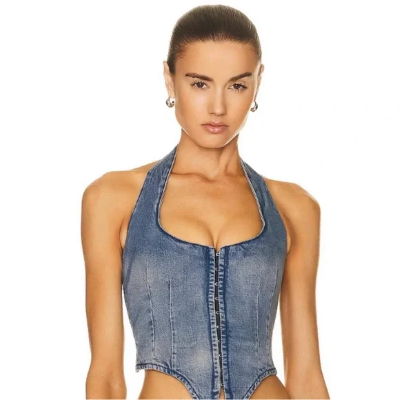 Miaou Blue Denim Crop Top - Picture 1 of 6